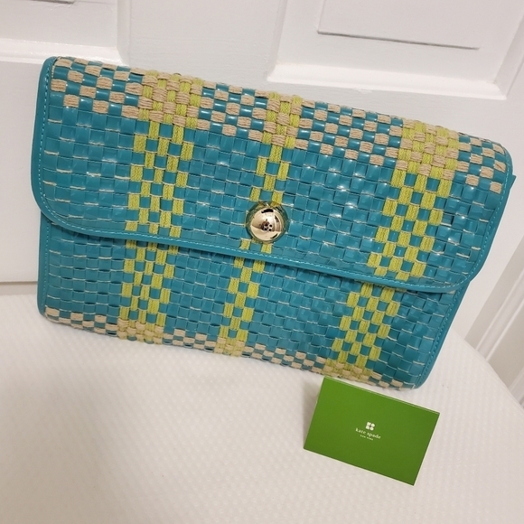 NWT Kate Spade Paola TURQUOISE large Woven Clutch Retail $275 - Picture 1 of 11